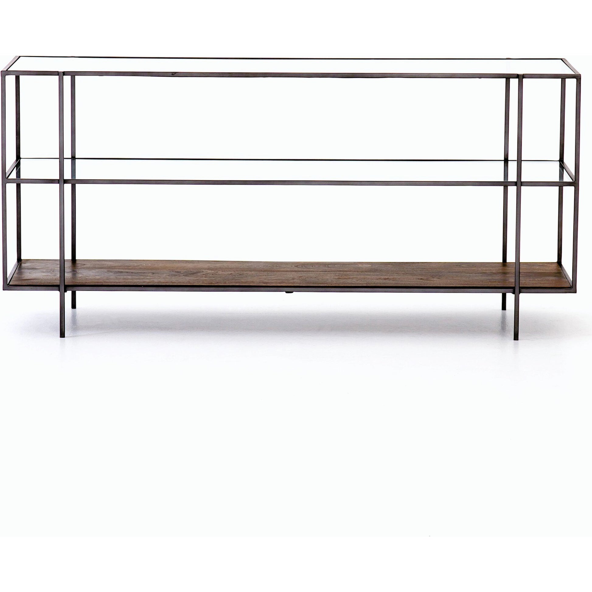 Byron Media Console by Four Hands in aged brown, dark iron, tempered glass. Made from iron, tempered glass, solid mango in a modern style.