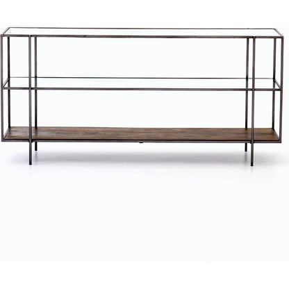 Byron Media Console by Four Hands in aged brown, dark iron, tempered glass. Made from iron, tempered glass, solid mango in a modern style.