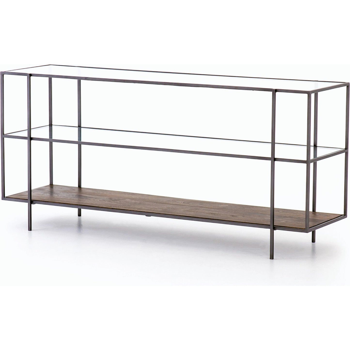 001 SR-368911 | Primary Silo | Byron Media Console by Four Hands in aged brown, dark iron, tempered glass. Made from iron, tempered glass, solid mango in a modern style.