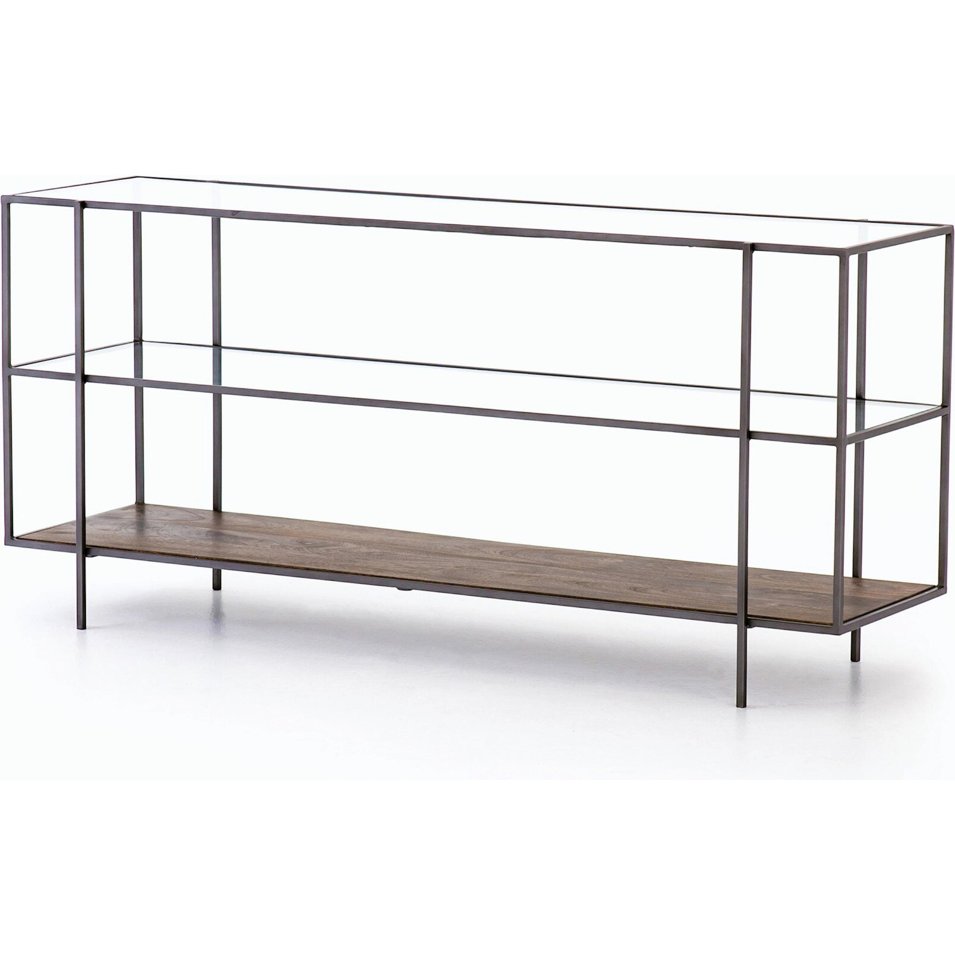 Byron Media Console by Four Hands in aged brown, dark iron, tempered glass. Made from iron, tempered glass, solid mango in a modern style.