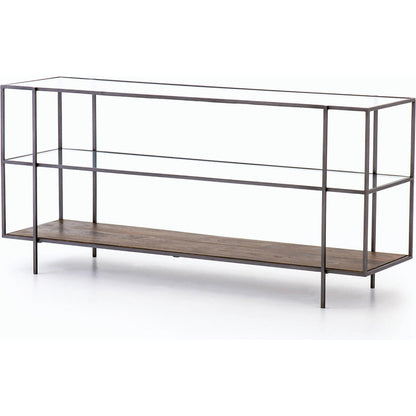 Byron Media Console by Four Hands in aged brown, dark iron, tempered glass. Made from iron, tempered glass, solid mango in a modern style.