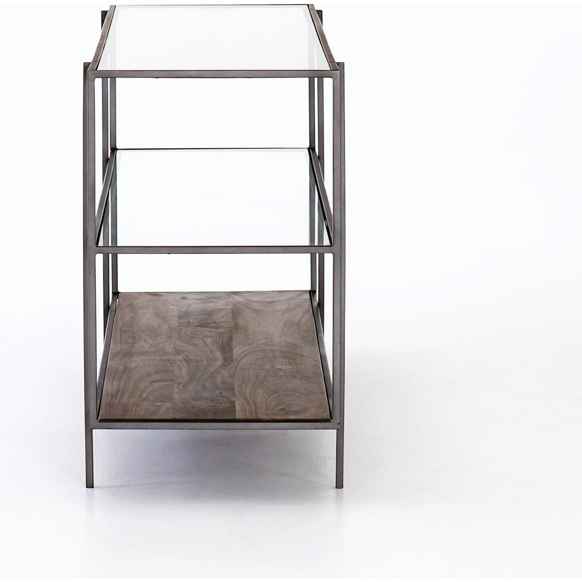 Byron Media Console by Four Hands in aged brown, dark iron, tempered glass. Made from iron, tempered glass, solid mango in a modern style.