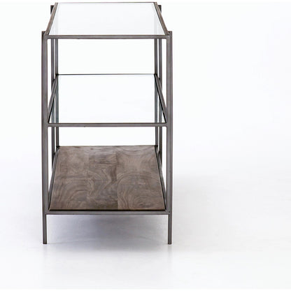 Byron Media Console by Four Hands in aged brown, dark iron, tempered glass. Made from iron, tempered glass, solid mango in a modern style.