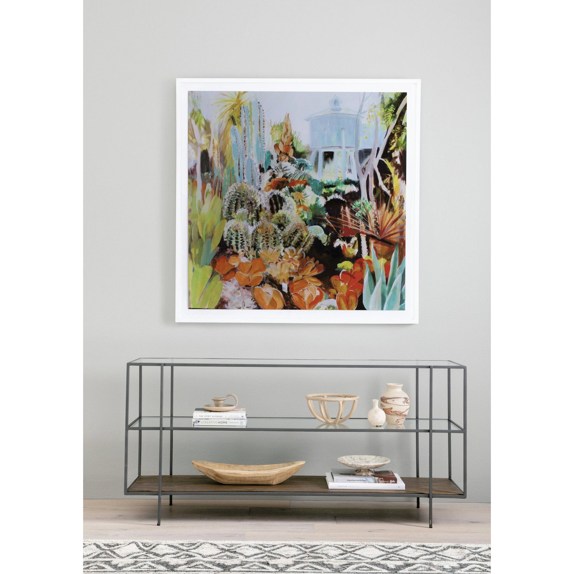 Byron Media Console by Four Hands in aged brown, dark iron, tempered glass. Made from iron, tempered glass, solid mango in a modern style.