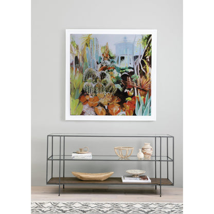 Byron Media Console by Four Hands in aged brown, dark iron, tempered glass. Made from iron, tempered glass, solid mango in a modern style.