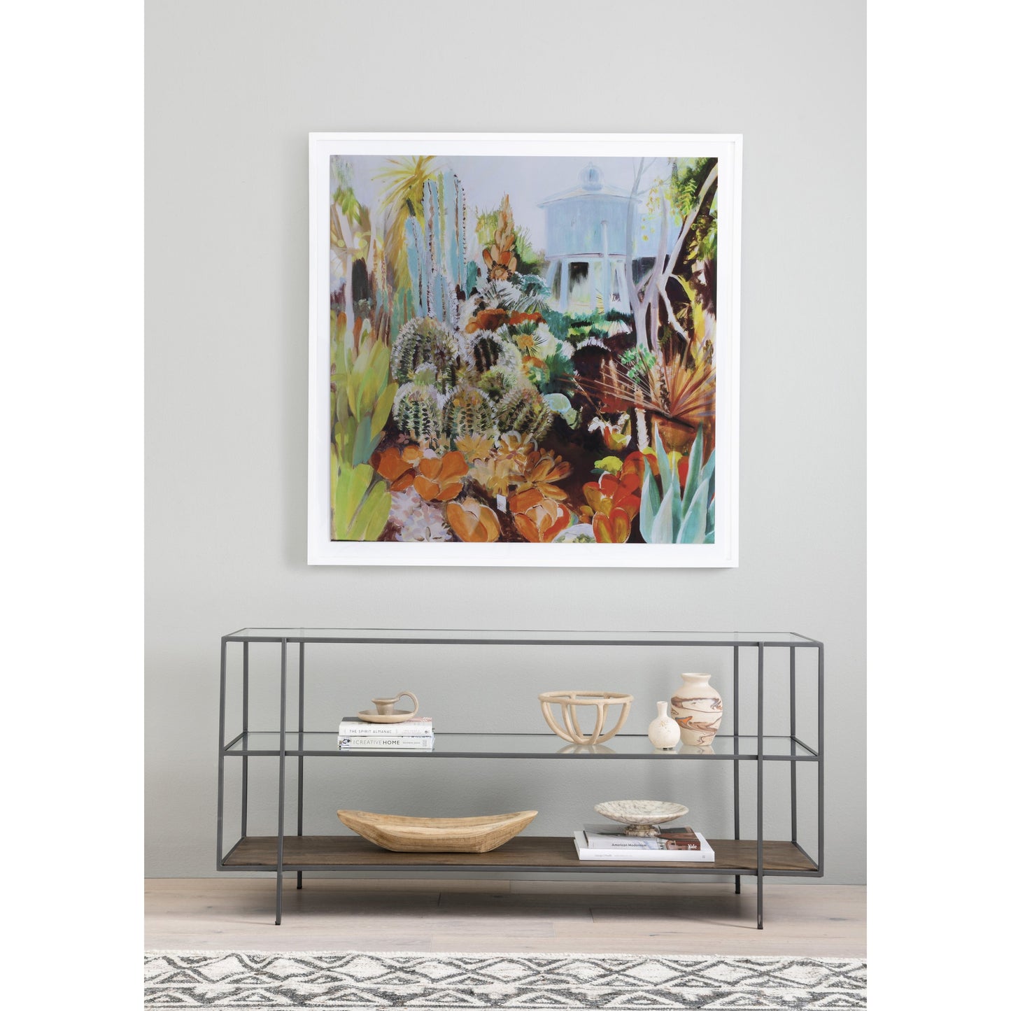 011 SR-368911 | Lifestyle | Byron Media Console by Four Hands in aged brown, dark iron, tempered glass. Made from iron, tempered glass, solid mango in a modern style.
