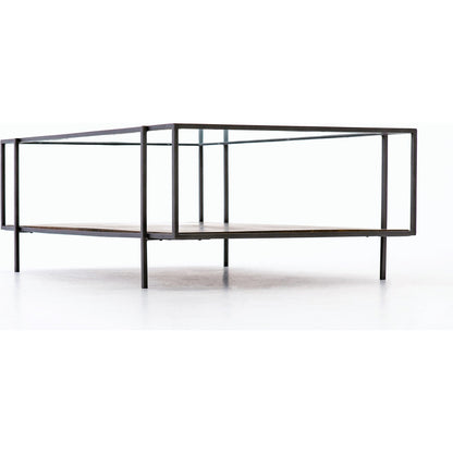 Byron Coffee Table by Four Hands in gunmetal, aged brown, tempered glass and dark iron, aged brown, tempered glass. Made from iron, solid mango, tempered glass in a modern style.