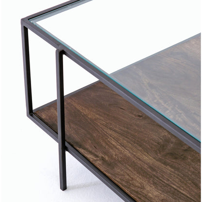 Byron Coffee Table by Four Hands in gunmetal, aged brown, tempered glass and dark iron, aged brown, tempered glass. Made from iron, solid mango, tempered glass in a modern style.