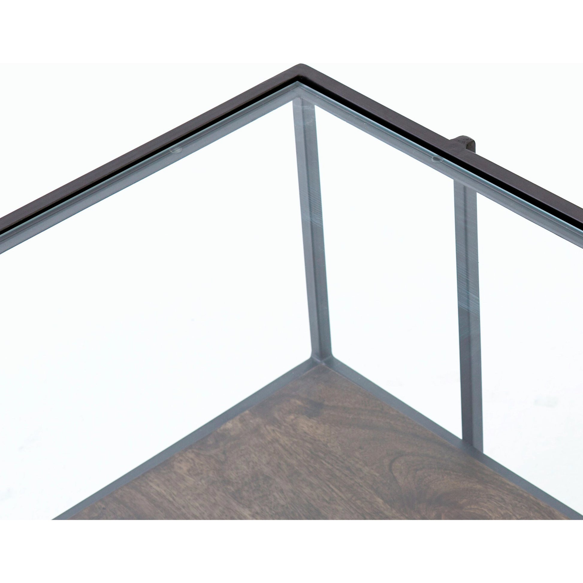 Byron Coffee Table by Four Hands in gunmetal, aged brown, tempered glass and dark iron, aged brown, tempered glass. Made from iron, solid mango, tempered glass in a modern style.