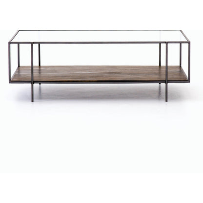Byron Coffee Table by Four Hands in gunmetal, aged brown, tempered glass and dark iron, aged brown, tempered glass. Made from iron, solid mango, tempered glass in a modern style.
