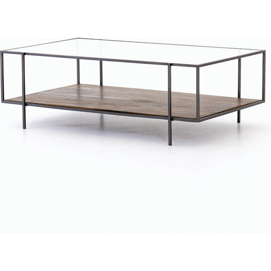 Byron Coffee Table by Four Hands in gunmetal, aged brown, tempered glass and dark iron, aged brown, tempered glass. Made from iron, solid mango, tempered glass in a modern style.
