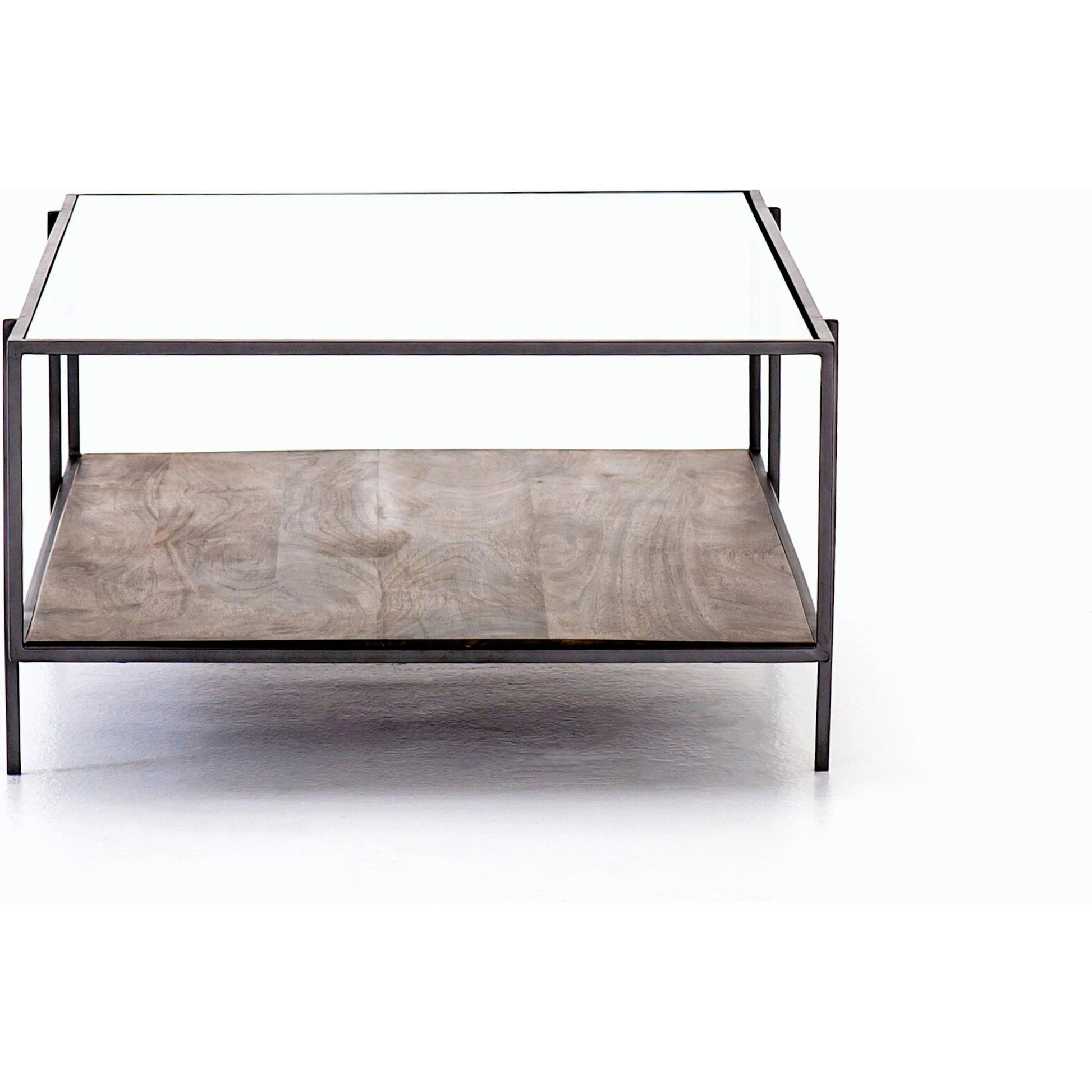 Byron Coffee Table by Four Hands in gunmetal, aged brown, tempered glass and dark iron, aged brown, tempered glass. Made from iron, solid mango, tempered glass in a modern style.