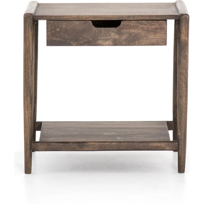 Valeria End Table by Four Hands in aged brown. Made from solid mango, engineered hardwood in a rustic style.