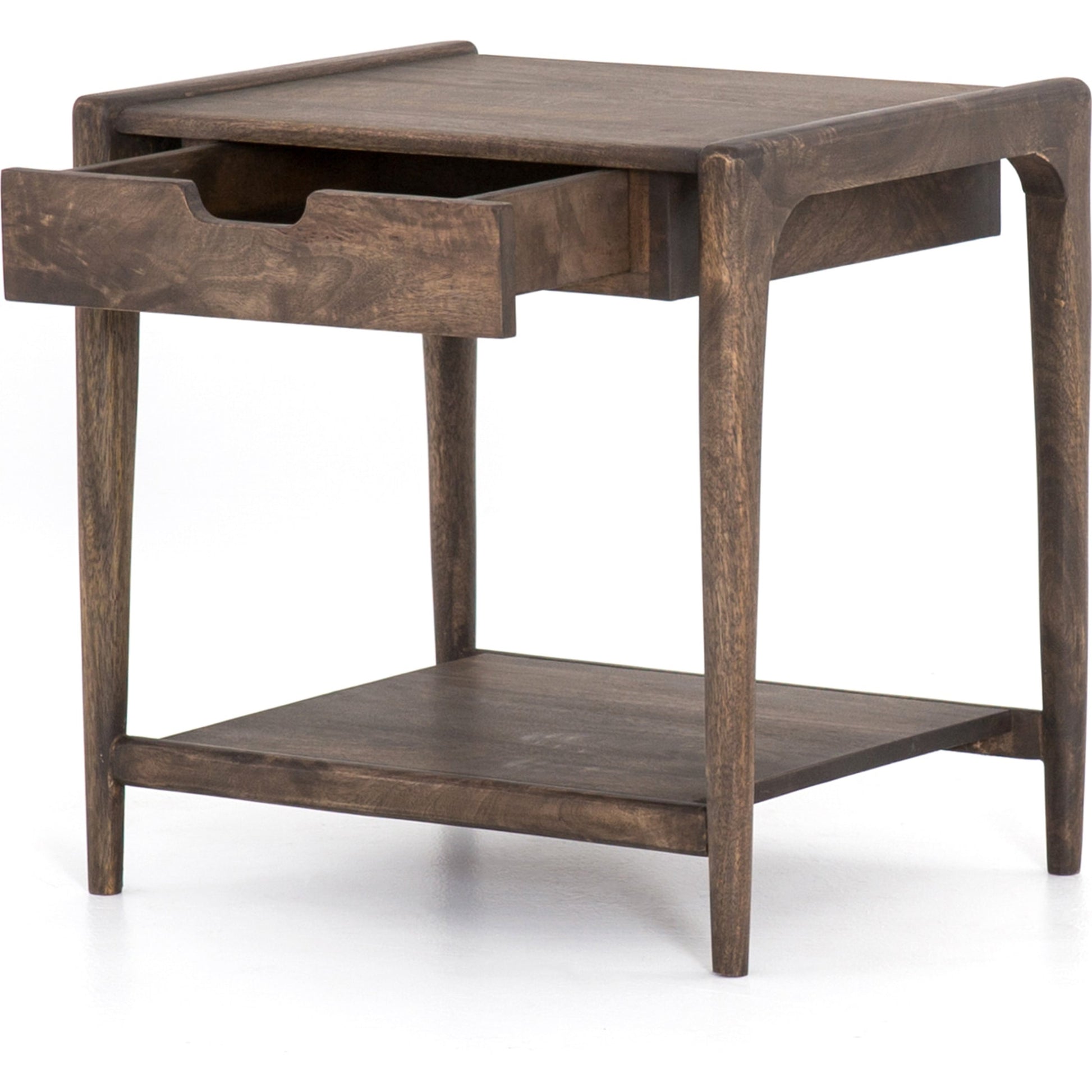Valeria End Table by Four Hands in aged brown. Made from solid mango, engineered hardwood in a rustic style.