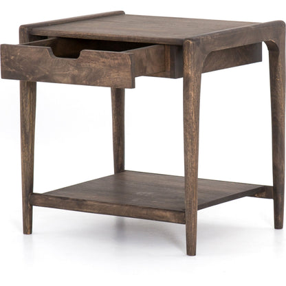 Valeria End Table by Four Hands in aged brown. Made from solid mango, engineered hardwood in a rustic style.