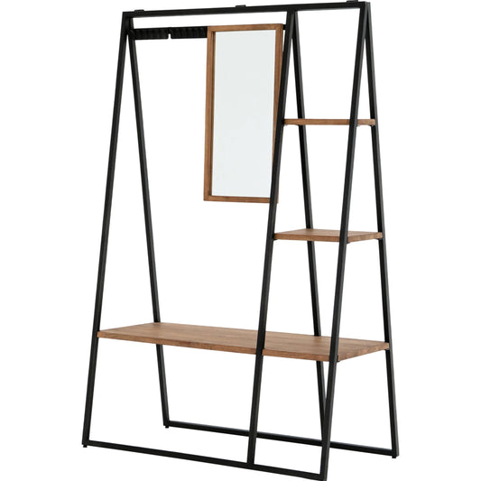 Cantili Entry Shelf by Four Hands in dark gunmetal, mirror, light acacia. Made from iron, solid acacia in a modern style.