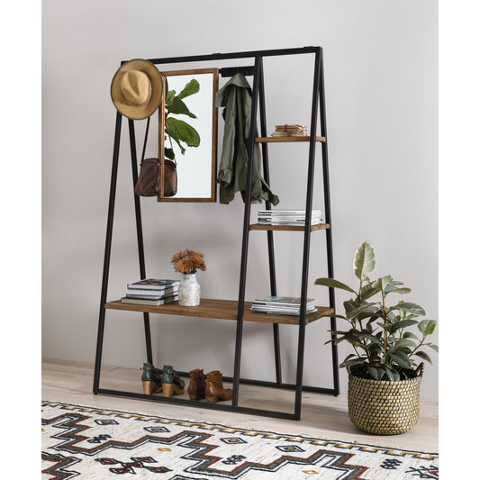 Cantili Entry Shelf by Four Hands in dark gunmetal, mirror, light acacia. Made from iron, solid acacia in a modern style.