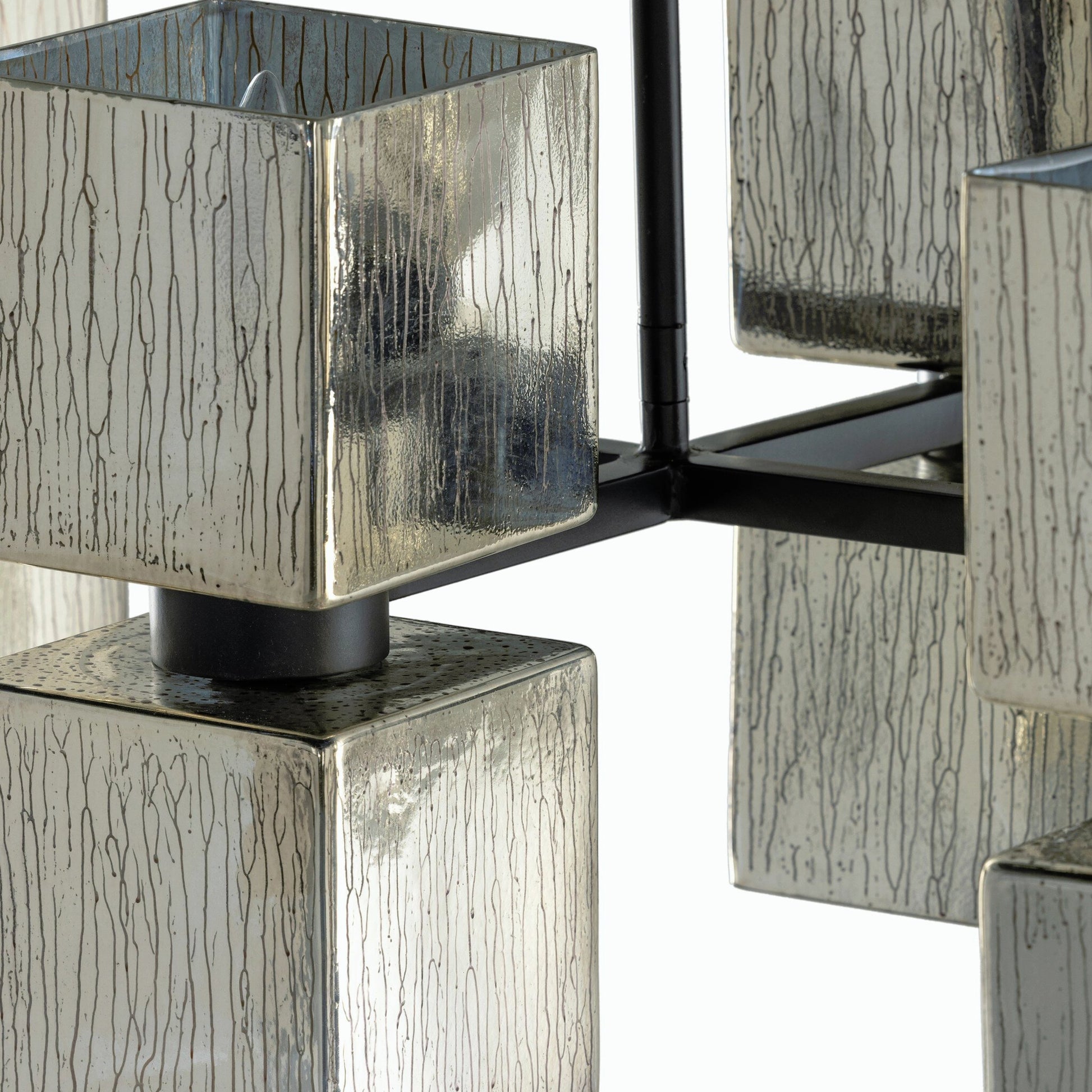 Ava Linear Chandelier by Four Hands in antiqued iron, aged metallic glass. Made from iron, glass in a modern style.