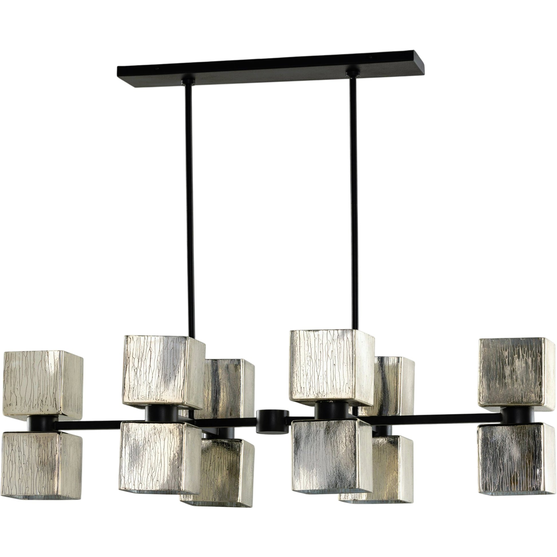 Ava Linear Chandelier by Four Hands in antiqued iron, aged metallic glass. Made from iron, glass in a modern style.