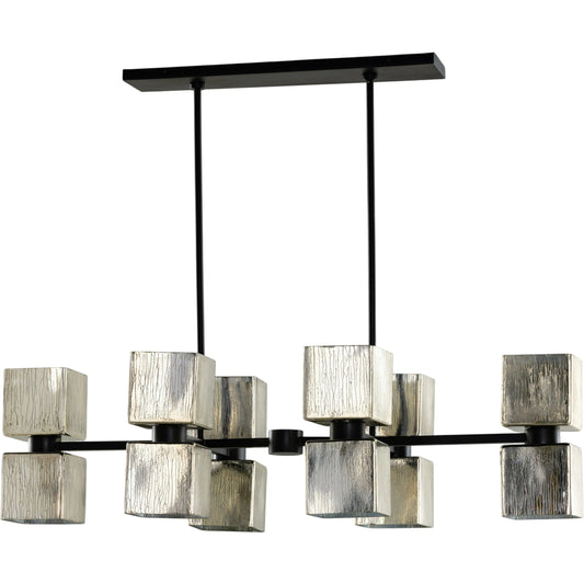 Ava Linear Chandelier by Four Hands in antiqued iron, aged metallic glass. Made from iron, glass in a modern style.