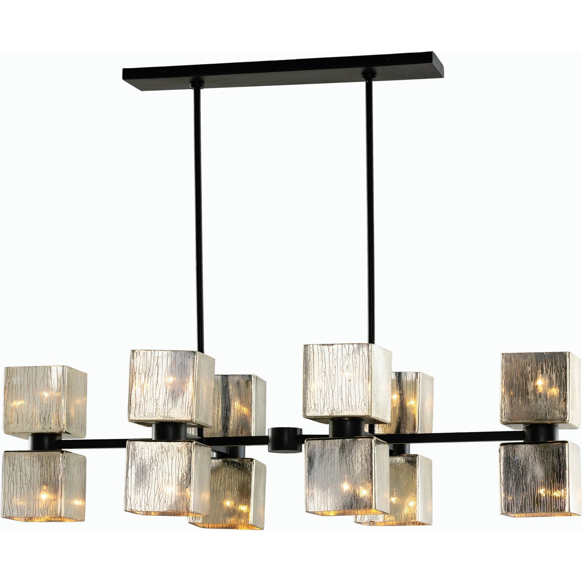 Ava Linear Chandelier by Four Hands in antiqued iron, aged metallic glass. Made from iron, glass in a modern style.