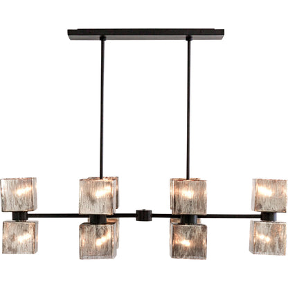 Ava Linear Chandelier by Four Hands in antiqued iron, aged metallic glass. Made from iron, glass in a modern style.