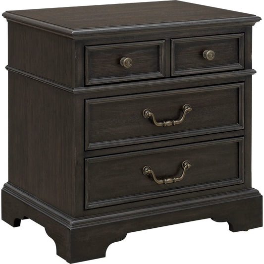 001 SI-2383573 | Primary Silo | Hickory Creek 3 Drawer Nightstand by Pulaski Furniture in brown velvet. Made from split heart cathedral hickory veneers in a unique style.
