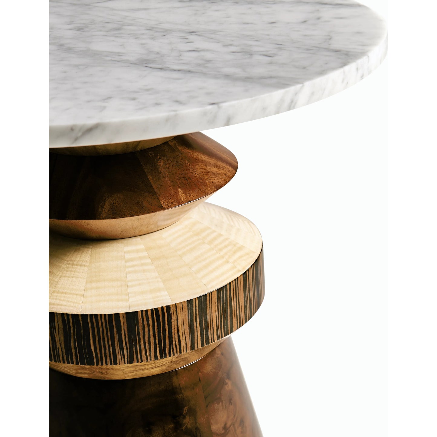 008 SI-2186360 | Closeup | Rook Round Accent Table by Jonathan Charles in brown and mingle mangle, carrera marble. Made from marble, stainless steel, veneers: walnut burl, cerajeira, ebony, maple, chestnut, eucalyptus in a modern style.