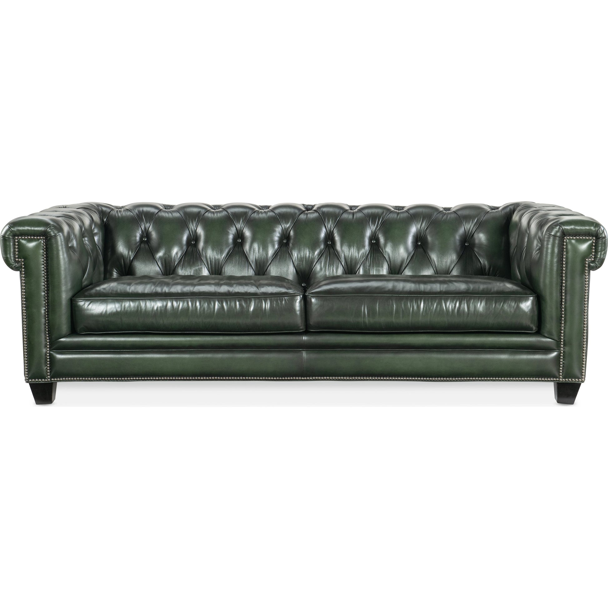 Charleston Tufted Sofa by Hooker Furniture in sarzana portal and black. Made from leather, sarzana portal (finished, wipe off, top grain with splits) in a transitional style.