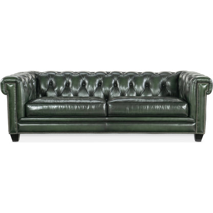 Charleston Tufted Sofa by Hooker Furniture in sarzana portal and black. Made from leather, sarzana portal (finished, wipe off, top grain with splits) in a transitional style.