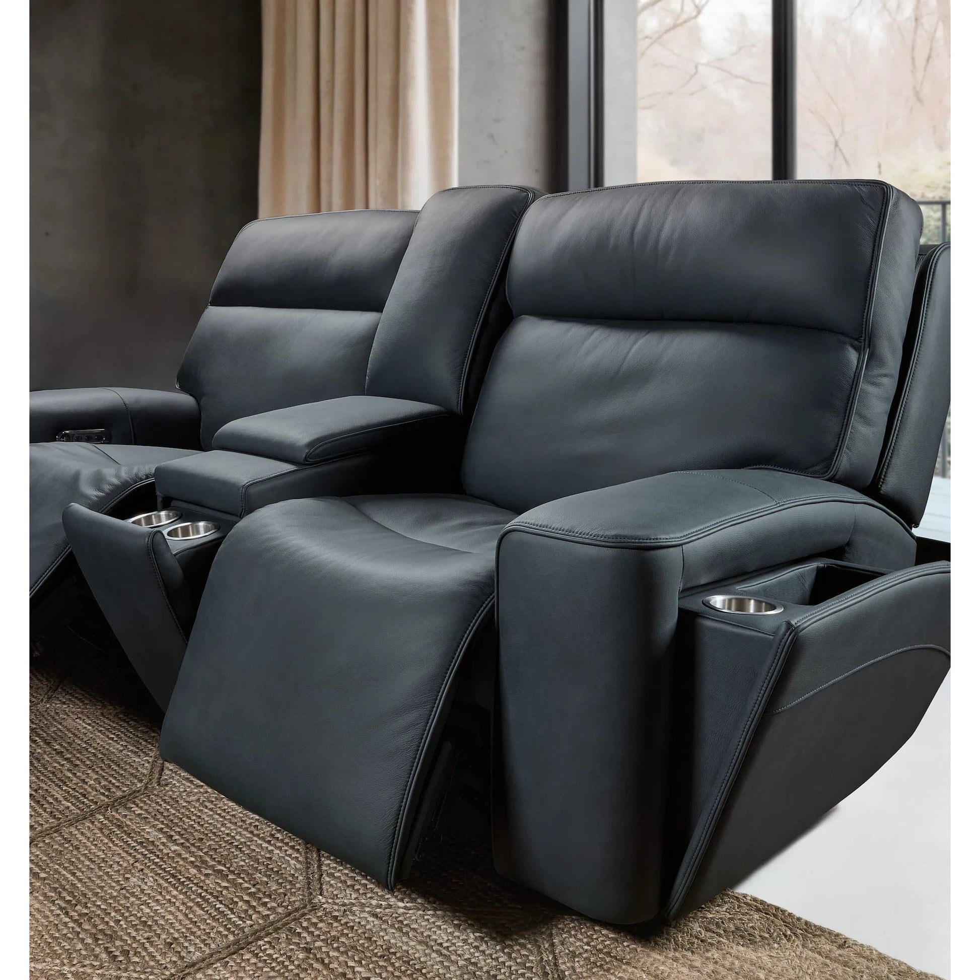 Riverton Power Gliding Console Loveseat with Power Headrest and Lumbar by Hooker Furniture in dante afterdusk. Made from leather in a traditional style.