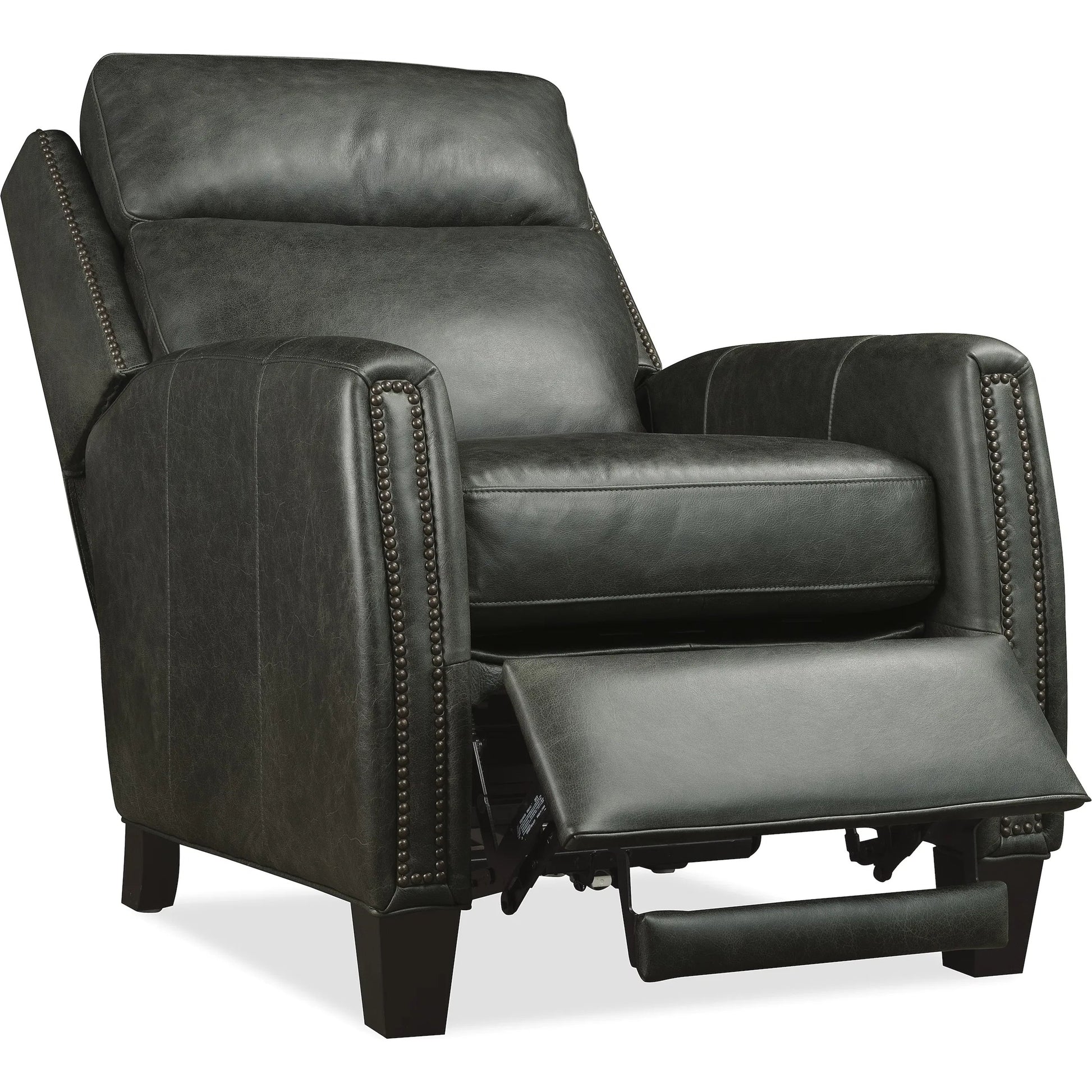 Jacklyn Power Recliner with Pop-Up Headrest by Hooker Furniture in dark wood. Made from leather in a traditional style.