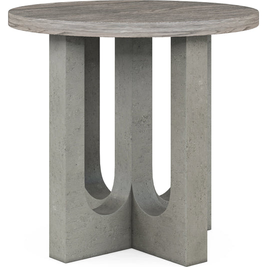 Vault Round End Table by A.R.T. Furniture in gray and mink finish. Made from parawood solids, white oak veneers, resin in a modern style.