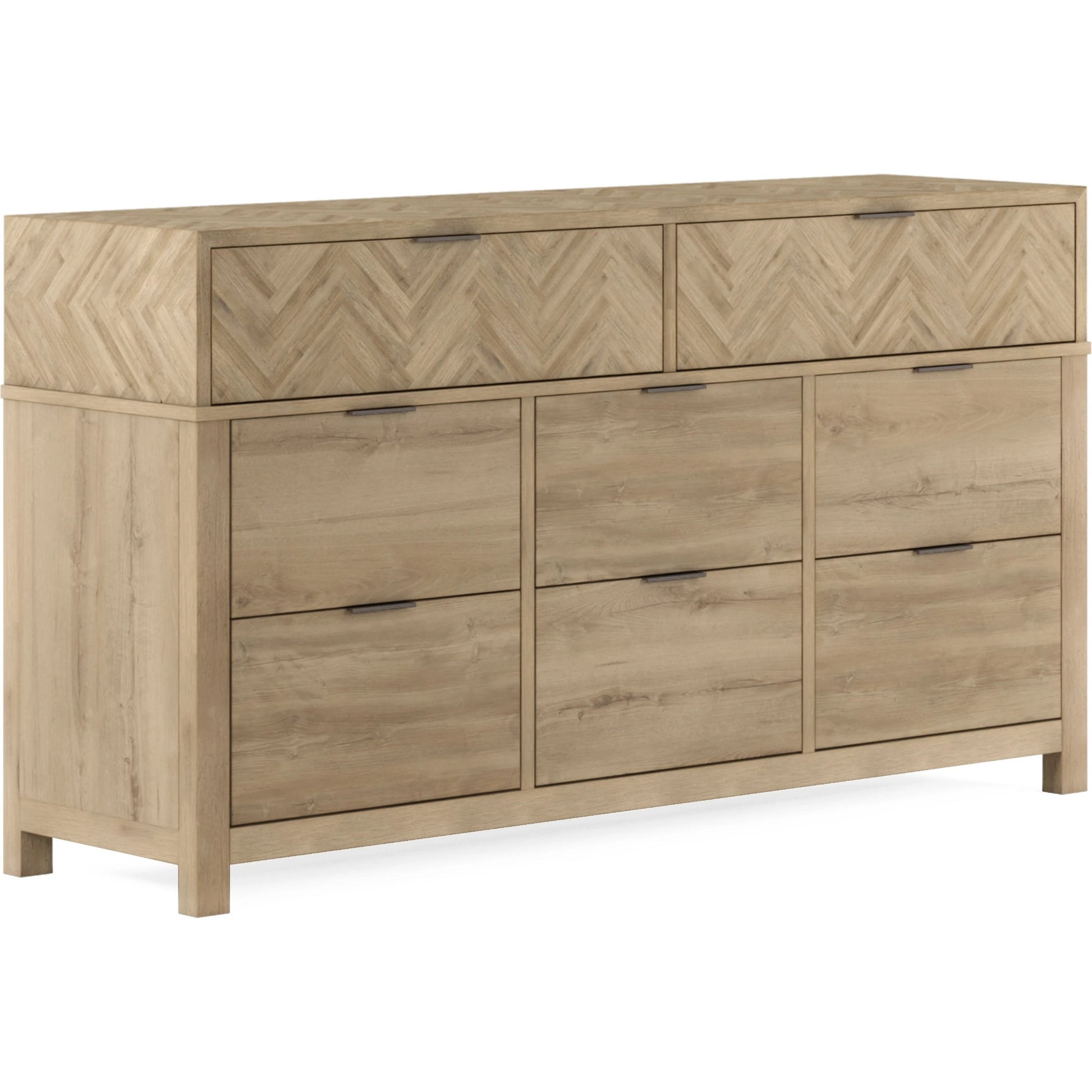 Garrison Dresser by A.R.T. Furniture in washed oak, burnished brass. Made from parawood solids with ash embossing, white oak veneers, metal in a cottage & farmhouse style.