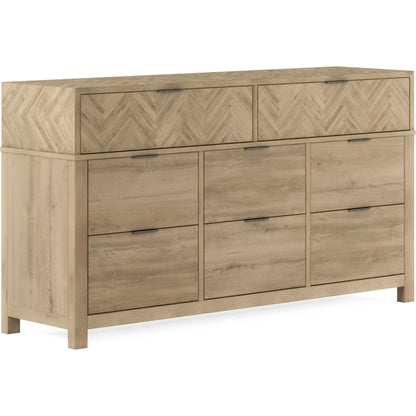 Garrison Dresser by A.R.T. Furniture in washed oak, burnished brass. Made from parawood solids with ash embossing, white oak veneers, metal in a cottage & farmhouse style.