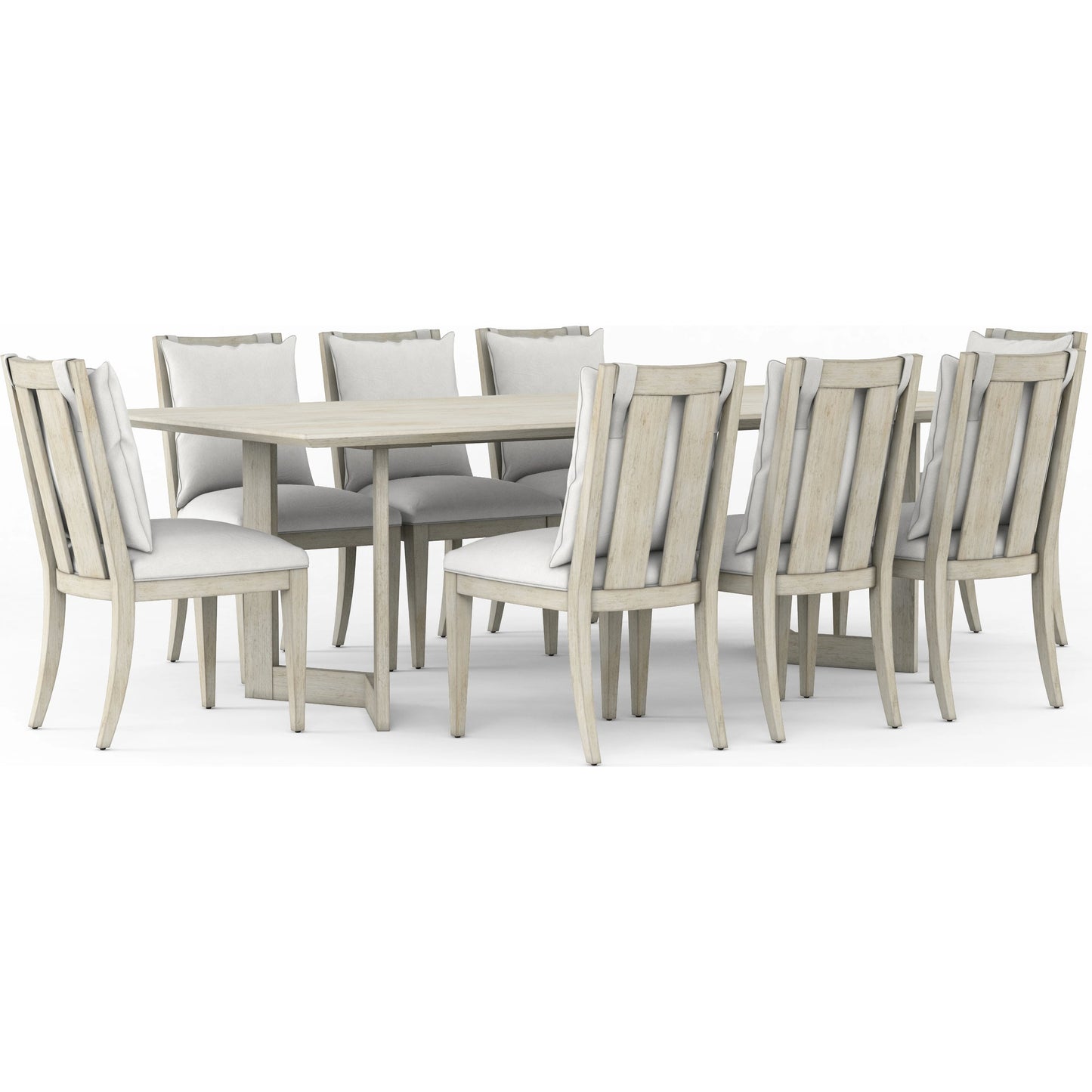 003 SI-2064984 | Additional Silo | Cotiere Rectangular Dining Table by A.R.T. Furniture in linen. Made from parawood solids, mixed split cathedral quarter-white oak veneer, terrazzo stone, metal in a modern style.