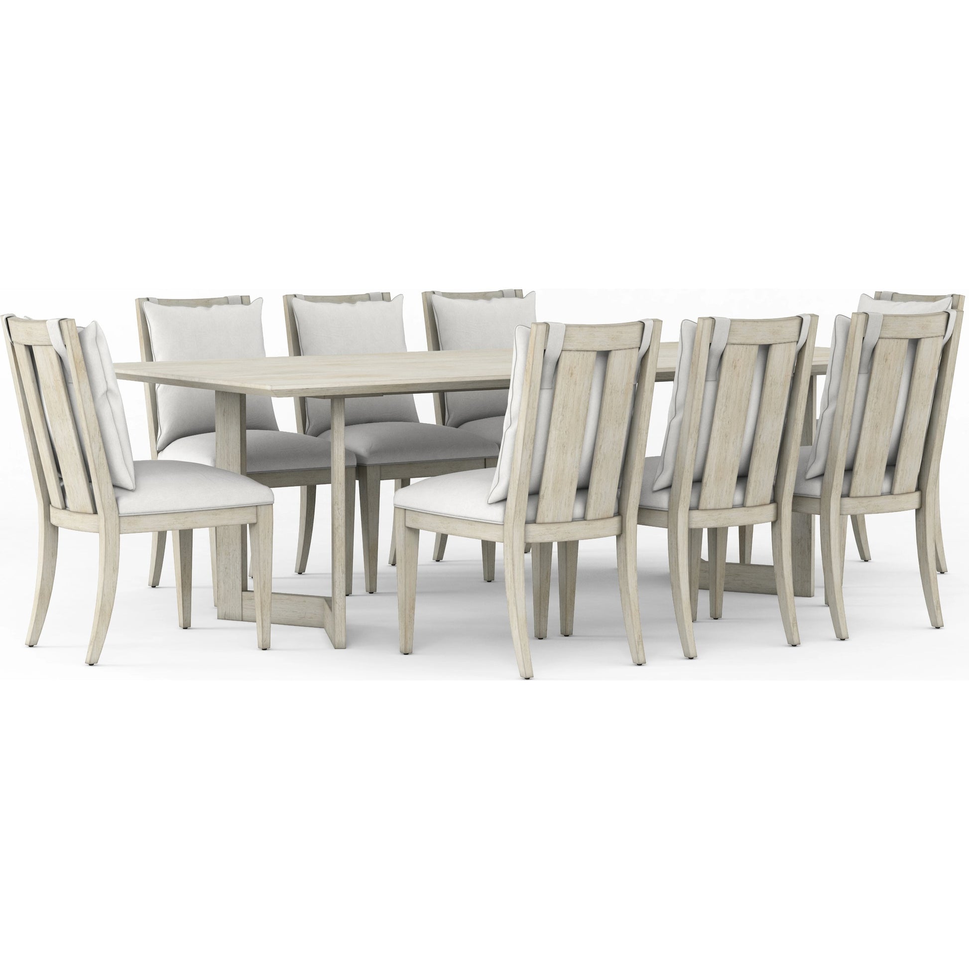 Cotiere Rectangular Dining Table by A.R.T. Furniture in linen. Made from parawood solids, mixed split cathedral quarter-white oak veneer, terrazzo stone, metal in a modern style.