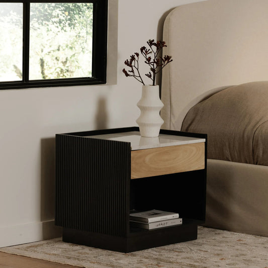 Carter Nightstand by Moe's Home Collection in black. Made from white banswara marble top, solid mango wood drawer front, mdf cabinet in a unique style.