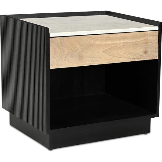 Carter Nightstand by Moe's Home Collection in black. Made from white banswara marble top, solid mango wood drawer front, mdf cabinet in a unique style.