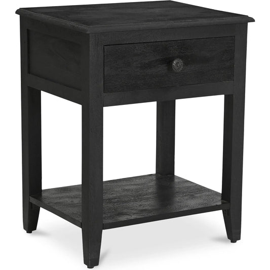 Corrine Nightstand by Moe's Home Collection in black. Made from mango wood cabinet, drawer, metal side mounted glides, metal drawer pull in a unique style.