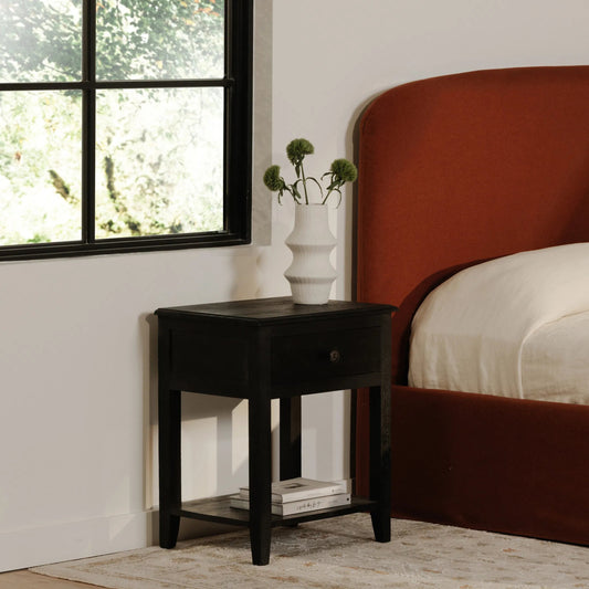Corrine Nightstand by Moe's Home Collection in black. Made from mango wood cabinet, drawer, metal side mounted glides, metal drawer pull in a unique style.