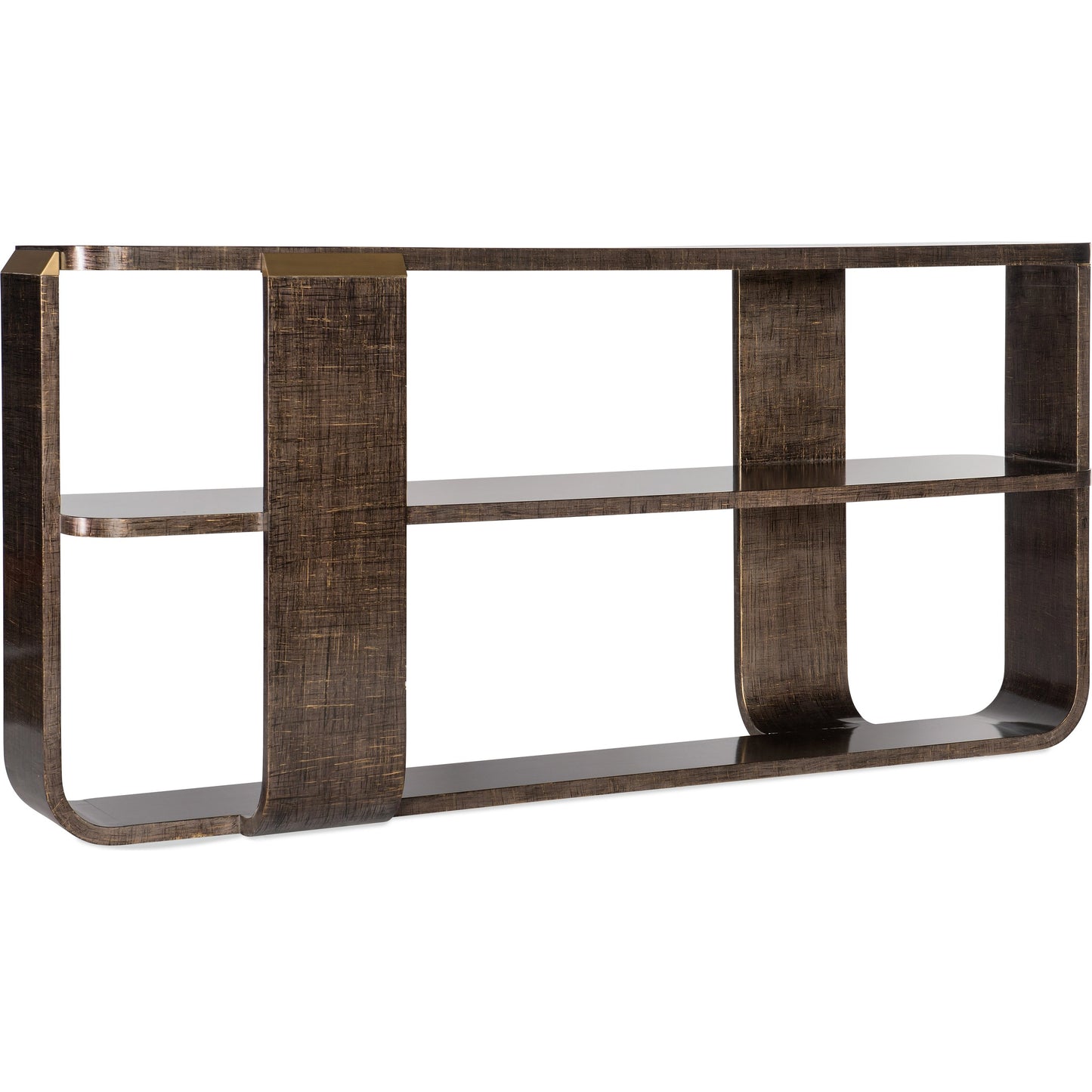 001 SI-1900814 | Primary Silo | Melange Edmun Sofa Table by Hooker Furniture in dark wood. Made from maple veneers, metal cap in a modern style.
