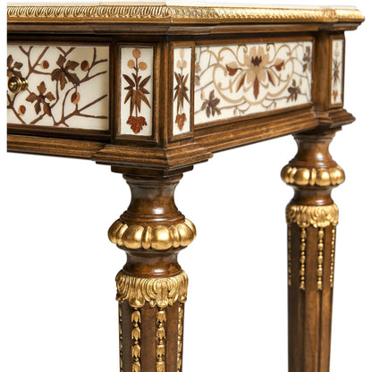 Trianon Console Table by Jonathan Charles in oak leaf parquetry. Made from mahogany solids, various marquetry veneers, resin, brass in a traditional style.