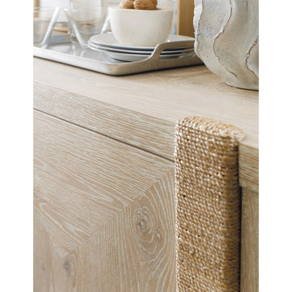 Commerce and Market Seaside Buffet by Hooker Furniture in light wood. Made from oak veneers, rope in a cottage & farmhouse style.