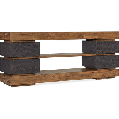 Big Sky 4-Drawer Entertainment Console by Hooker Furniture in furrowed bark. Made from pecky hickory veneers, resin, solid-wood edged top in a modern style.