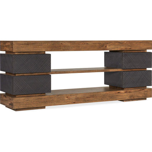 Big Sky 4-Drawer Entertainment Console by Hooker Furniture in furrowed bark. Made from pecky hickory veneers, resin, solid-wood edged top in a modern style.