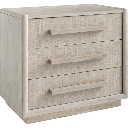 Cotiere Nightstand by A.R.T. Furniture in beige and linen. Made from parawood solids, mixed split cathedral and quarter white oak veneers, fabric in a modern style.
