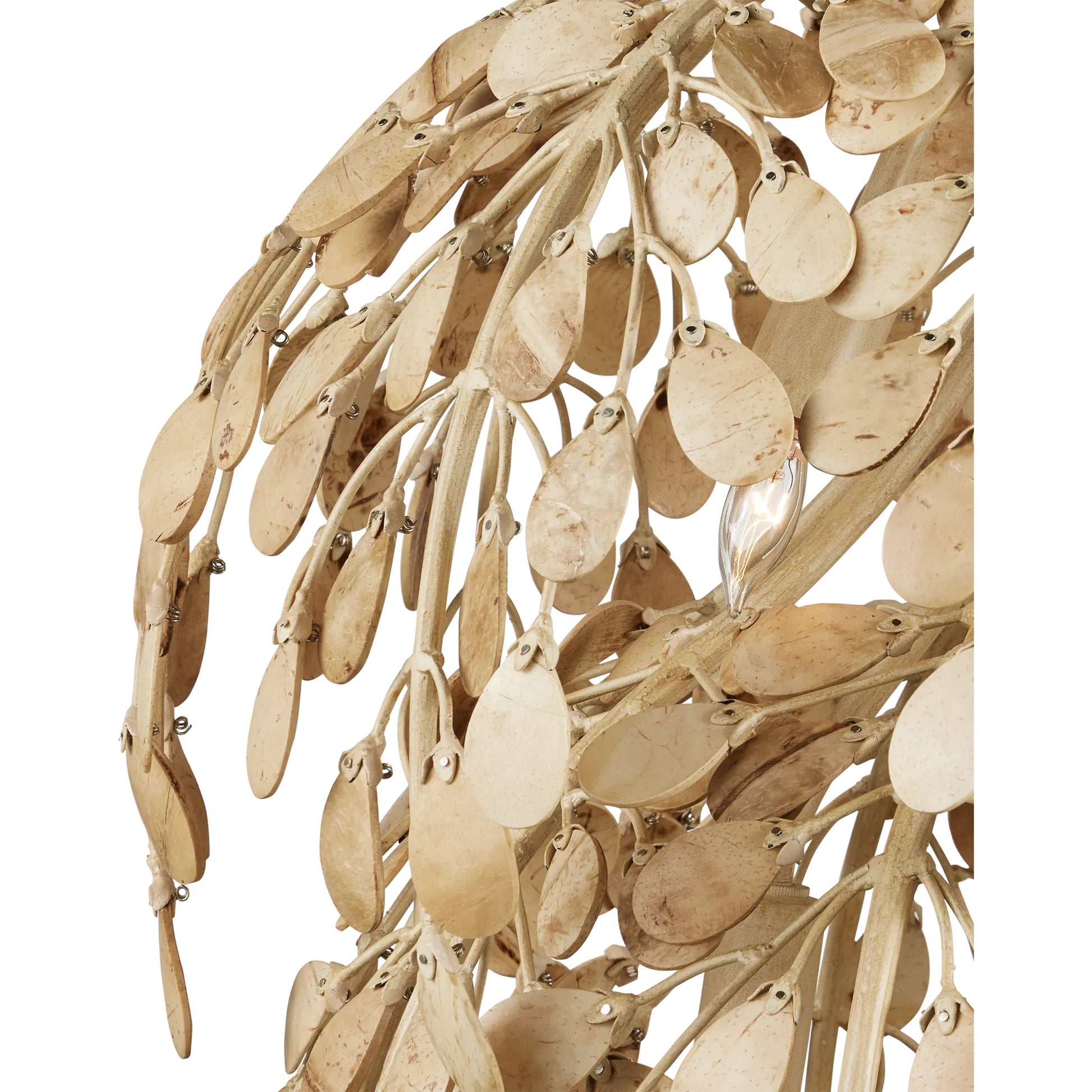 Maypan Pendant by Currey and Company in coco cream, natural. Made from wrought iron, coco shells in a modern style.