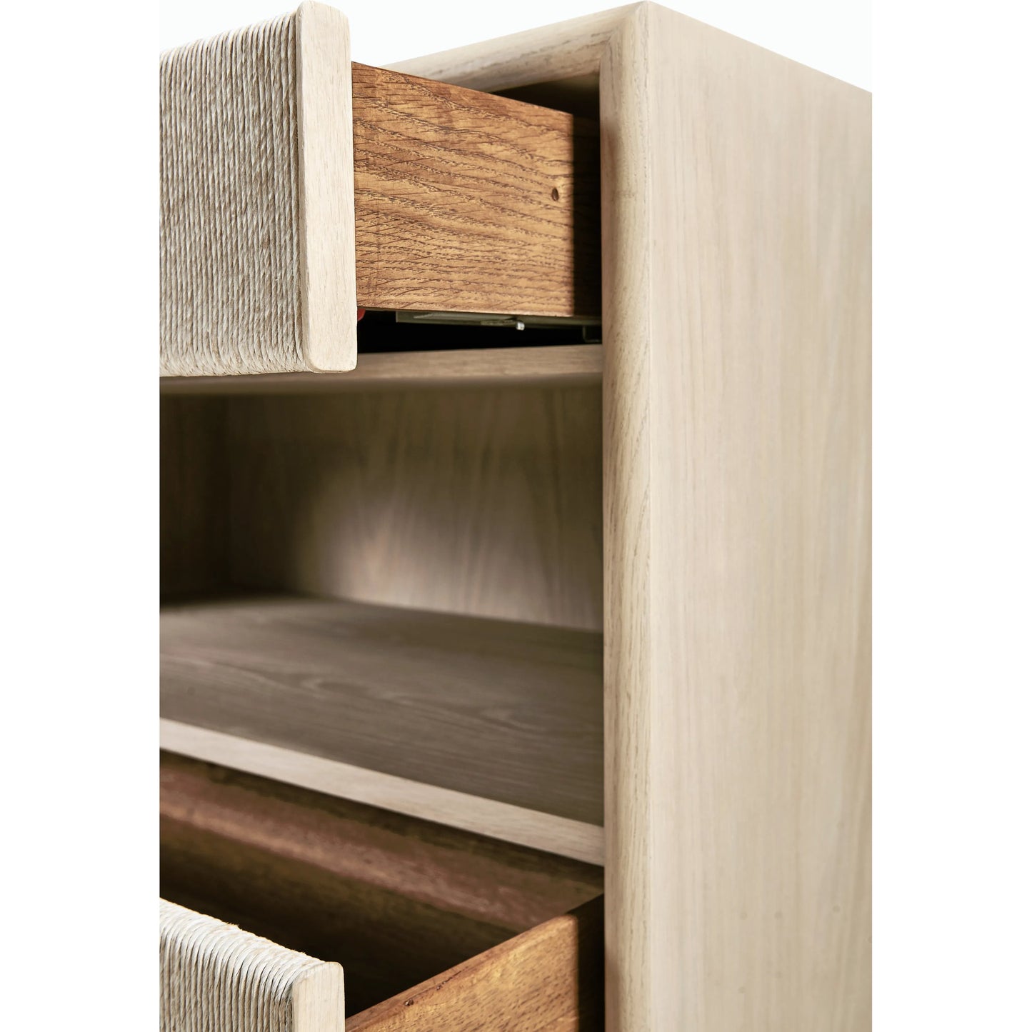 005 SI-2186249 | Closeup | Water Clapotis Danish Cord Nightstand by Jonathan Charles in bleached oak. Made from oak, danish cord, metal in a transitional style.