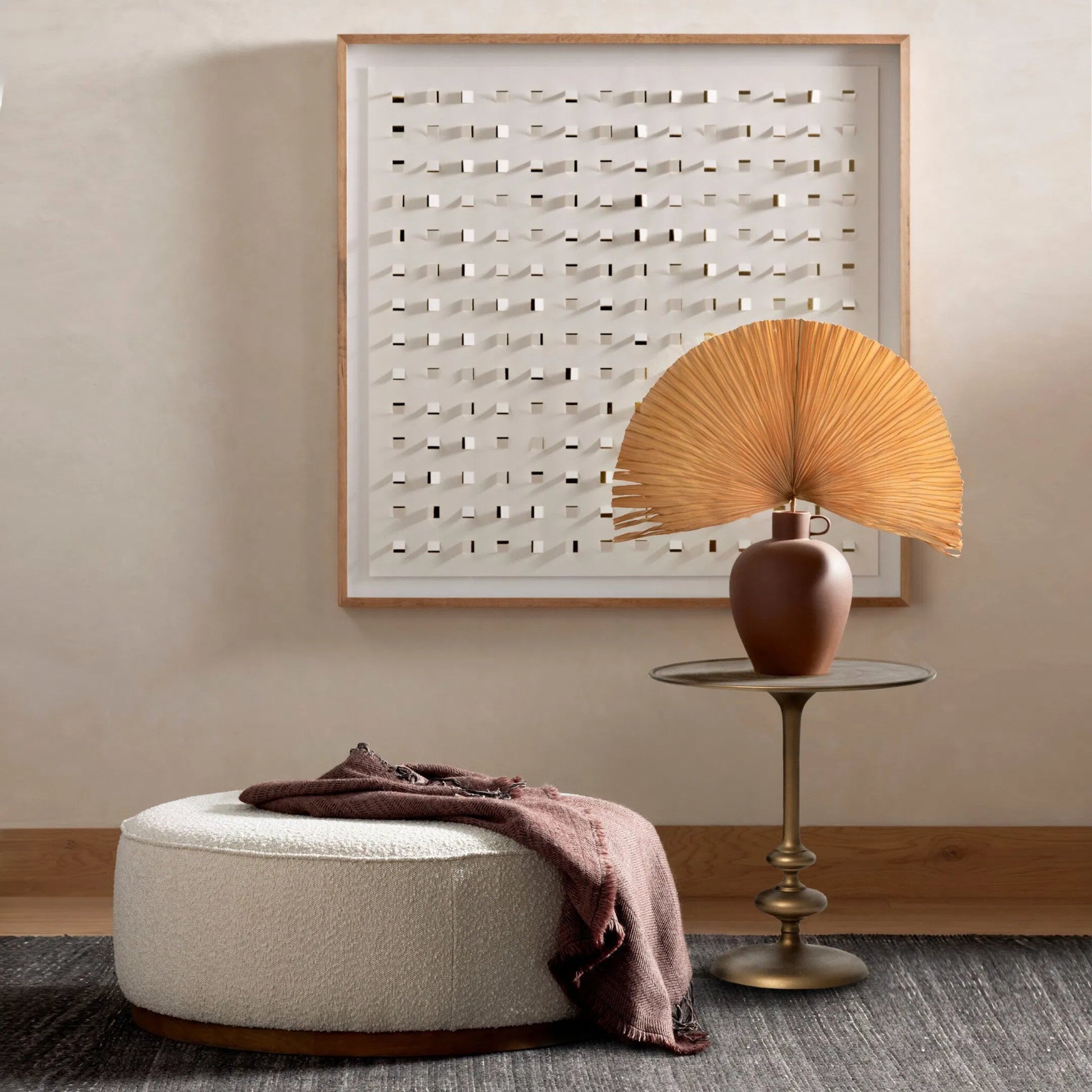 Marlow Matchstick Pedestal Table by Four Hands in matte brass. Made from aluminum in a modern style.